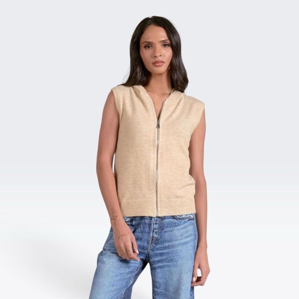NWT Elan Womens Large Bridgette Sleeveless Full Zip Hooded Sweater Vest Oatmeal